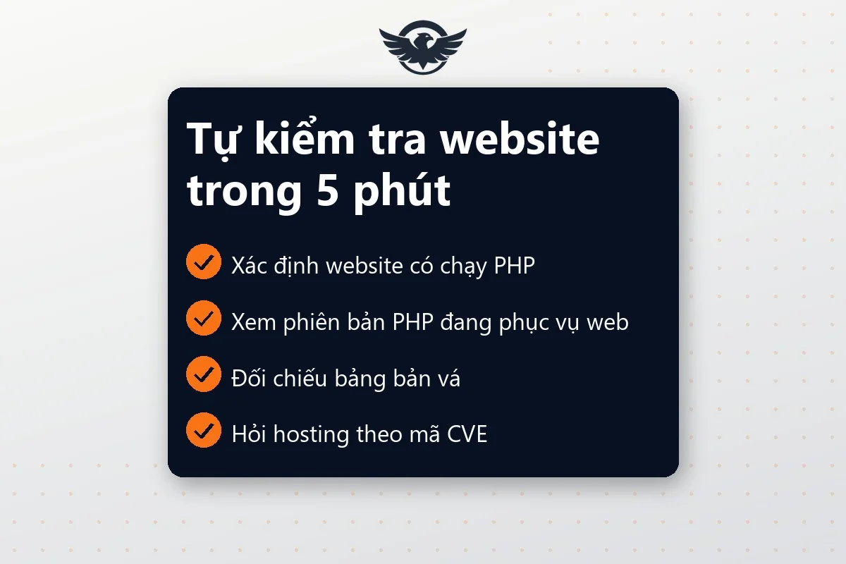 Bốn bước tự kiểm tra lỗ hổng PHP2Shell: xác định website chạy PHP, xem phiên bản PHP, đối chiếu bảng bản vá, hỏi hosting theo mã CVE