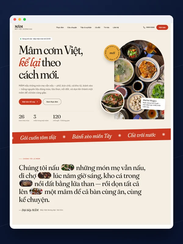 Giao diện mẫu nhà hàng MÂM trên máy tính: đầu trang, ảnh mâm cơm và tuyên ngôn của bếp