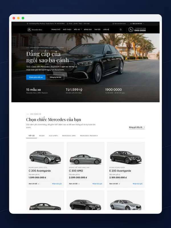 Giao diện mẫu Mercedes-Benz trên máy tính: banner và danh sách xe