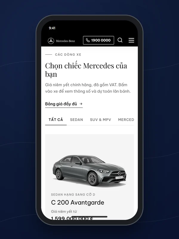 Danh sách xe Mercedes-Benz trên mobile, có thanh lọc theo dòng xe, trong khung điện thoại