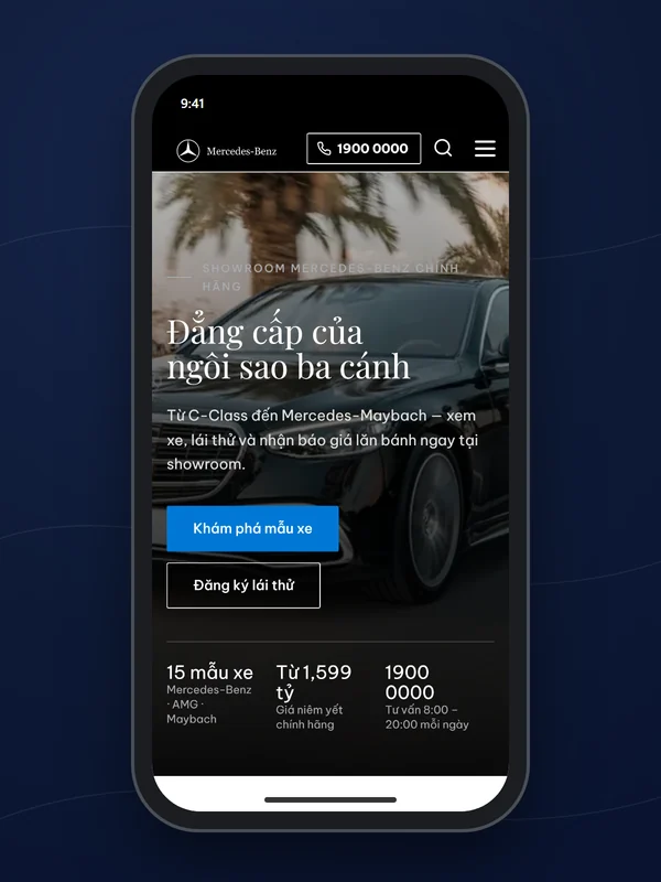 Trang chủ Mercedes-Benz trên mobile, chụp thật trong khung điện thoại
