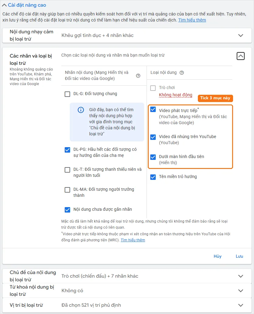 Các nhãn và loại bị loại trừ: tick Video phát trực tiếp, Video đã nhúng trên YouTube, Dưới màn hình đầu tiên