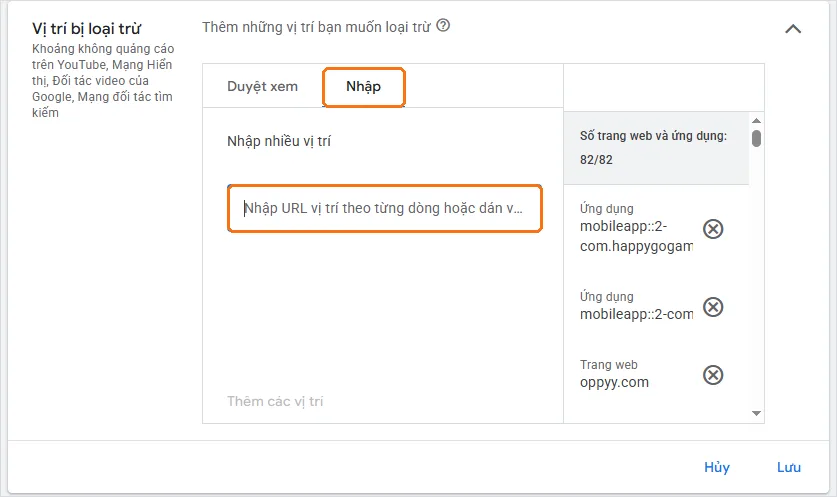 Mục Vị trí bị loại trừ trong Công cụ, Nội dung phù hợp của Google Ads, tab Nhập để dán danh sách