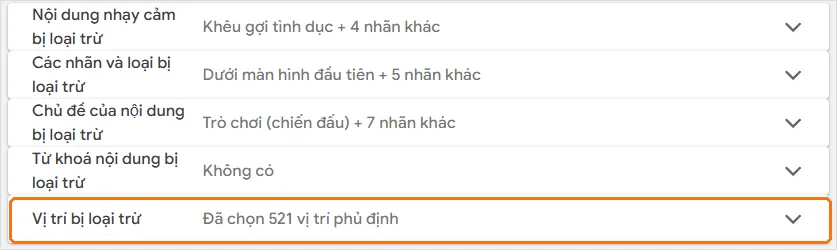 Dòng tóm tắt sau khi lưu: Vị trí bị loại trừ, đã chọn 521 vị trí phủ định ở cấp tài khoản