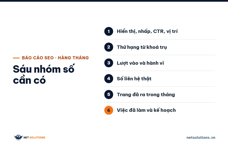 Sáu nhóm chỉ số của báo cáo SEO hàng tháng và nơi lấy số: hiển thị nhấp CTR vị trí, từ khoá trụ, lượt vào, liên hệ, trang đã ra, việc tháng sau