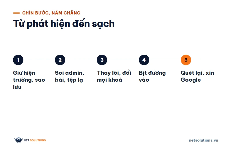 Sơ đồ năm chặng xử lý WordPress bị chèn mã độc: giữ hiện trường, soi admin và tệp lạ, thay lõi và đổi khoá, bịt đường vào, quét lại và xin Google xem xét