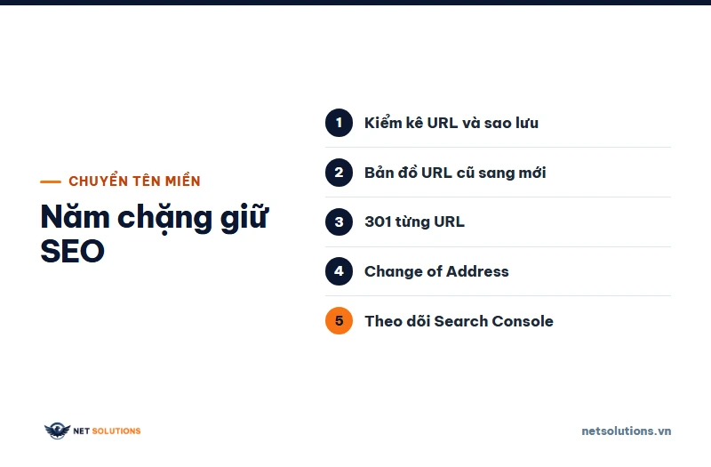 Sơ đồ năm chặng chuyển tên miền giữ SEO: kiểm kê và sao lưu, bản đồ URL cũ sang mới, chuyển hướng 301 từng URL, Change of Address, theo dõi Search Console