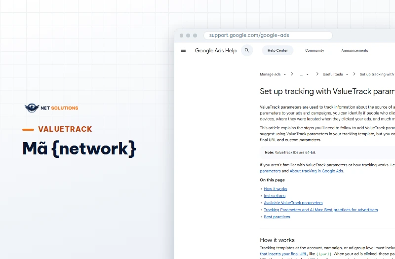 Đầu trang Google Ads Help về tham số theo dõi ValueTrack, có mục lục dẫn tới danh sách tham số có sẵn