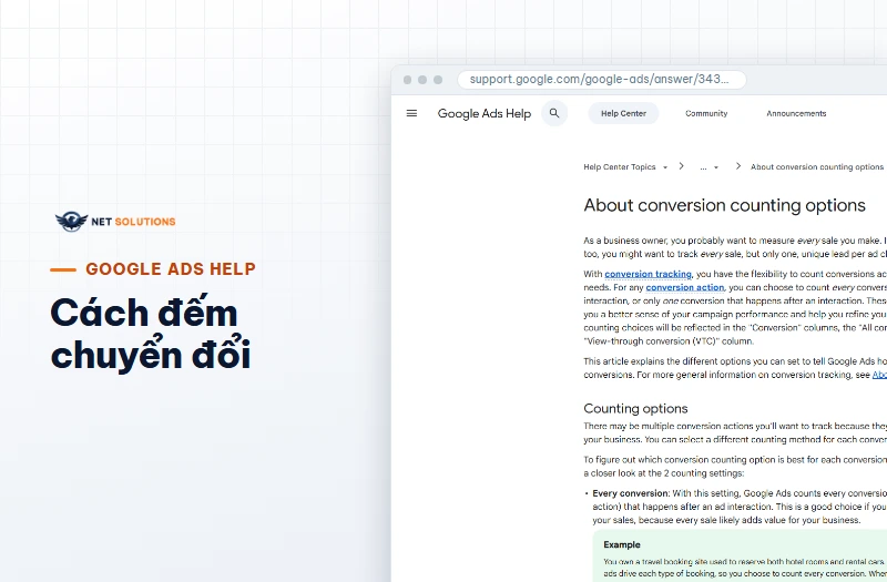 Ảnh chụp trang trợ giúp Google Ads về cài đặt đếm chuyển đổi, nơi mô tả hai chế độ Mỗi và Một