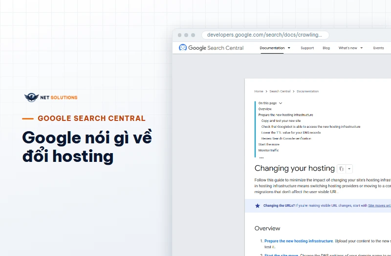 Ảnh chụp trang Google Search Central hướng dẫn đổi hosting mà không đổi URL, có các mục chuẩn bị hạ tầng mới, trỏ DNS và tắt hosting cũ