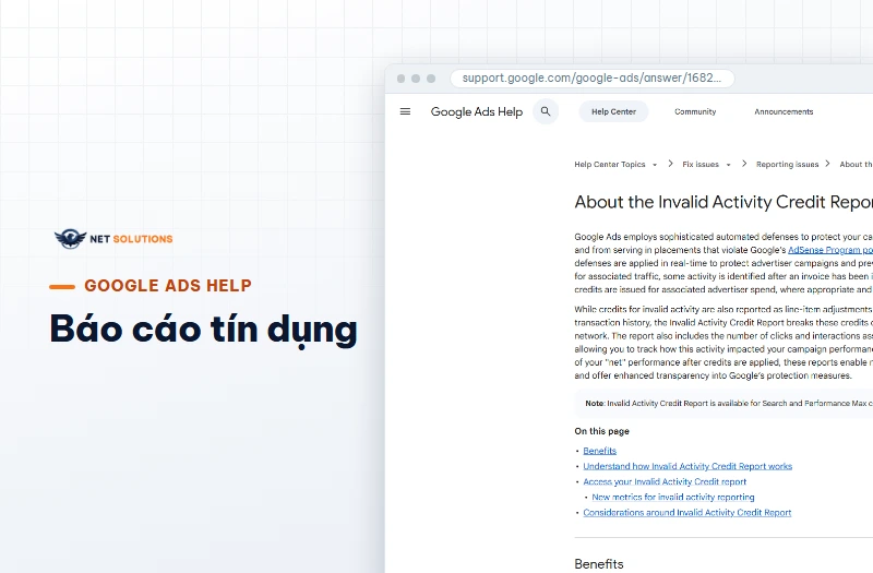 Trang Google Ads Help về báo cáo Invalid Activity Credit Report trên máy tính