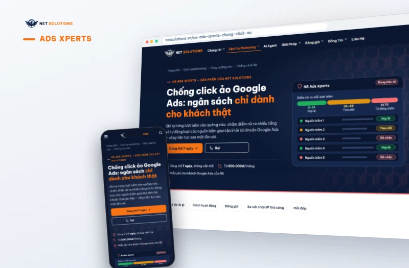 Trang giới thiệu tính năng Ads Xperts chống click ảo trên netsolutions.vn