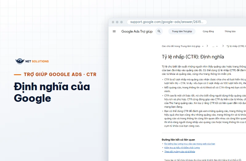 Trang Trợ giúp Google Ads định nghĩa tỷ lệ nhấp CTR