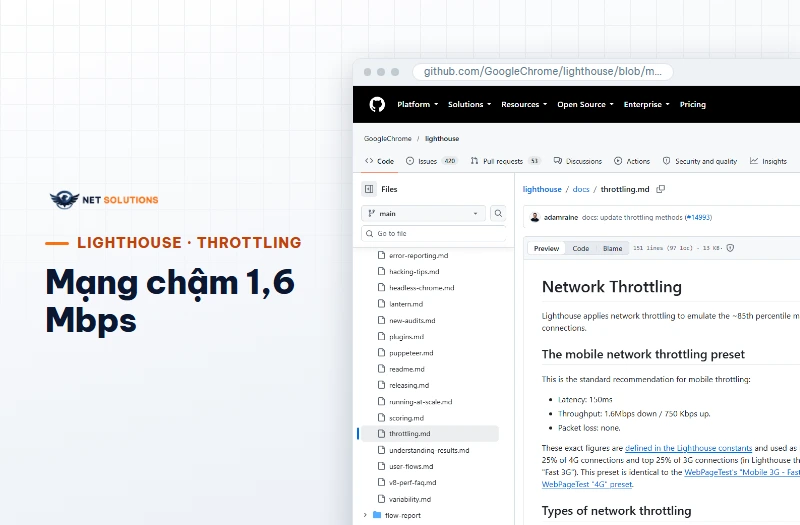 Ảnh chụp tài liệu Throttling của Lighthouse trên GitHub, nơi mô tả thiết lập mạng của khung điện thoại: độ trễ 150 ms, băng thông 1,6 Mbps