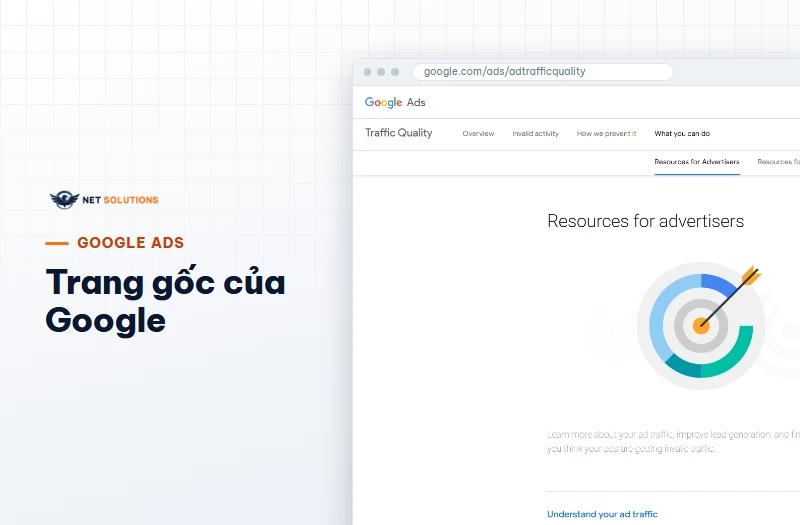 Đầu trang Resources for advertisers của Google Ads về chất lượng lưu lượng quảng cáo, có biểu tượng bia và mũi tên