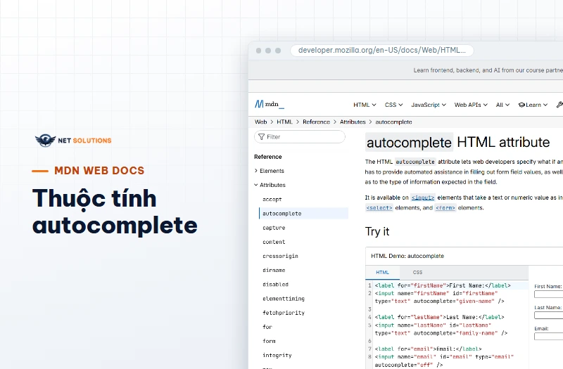 Ảnh chụp trang tài liệu MDN về thuộc tính HTML autocomplete, có đoạn giới thiệu và ví dụ chạy thử