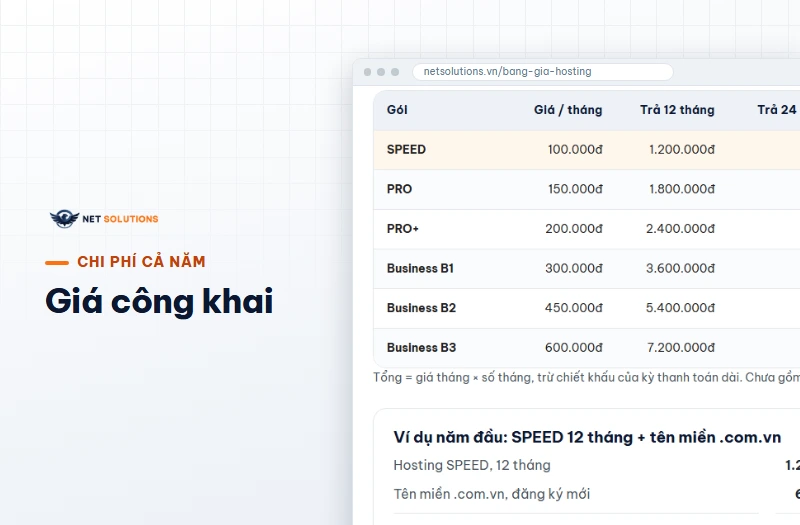 Bảng chi phí cả năm trên trang giá hosting của Net Solutions, dòng SPEED 100.000đ mỗi tháng và 1.200.000đ cho 12 tháng
