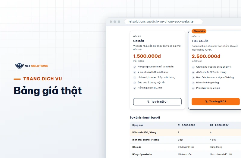 Bảng ba gói C1, C2, C3 trên trang dịch vụ chăm sóc website của Net Solutions