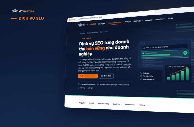 Trang dịch vụ SEO của Net Solutions trên màn hình máy tính