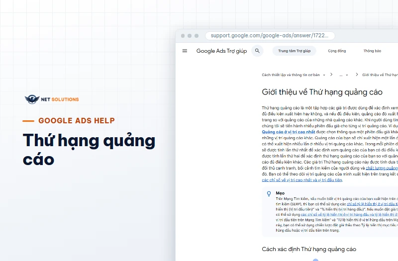 Ảnh chụp trang Google Ads Help về Thứ hạng quảng cáo trên máy tính