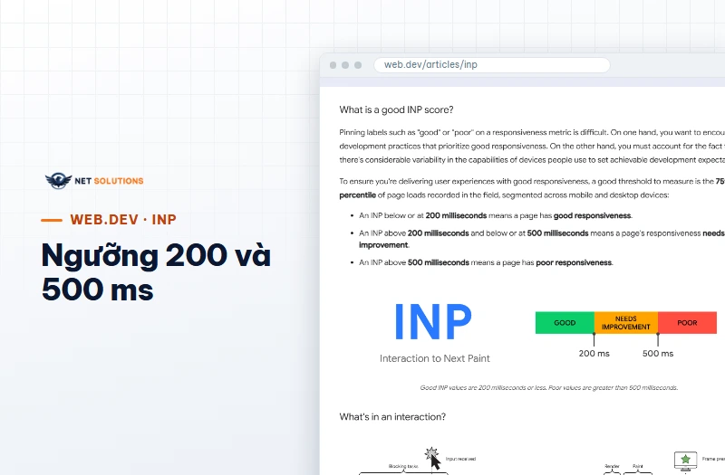 Trang web.dev giải thích INP với ba ngưỡng 200 ms và 500 ms ở phân vị 75