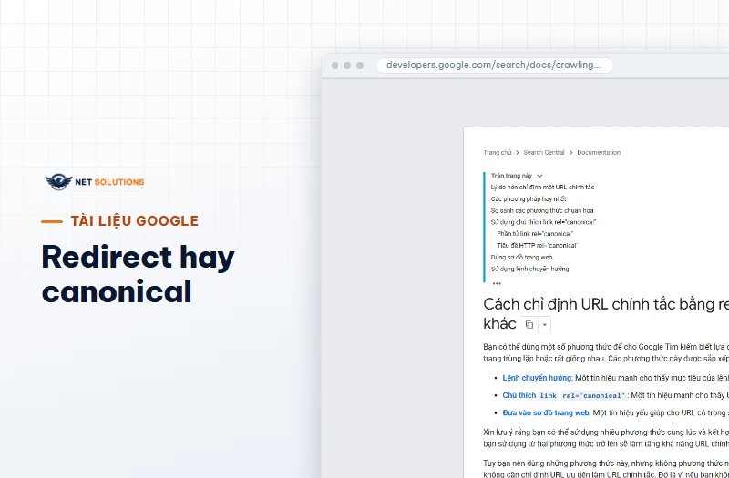 Trang tài liệu Google Search Central về gộp URL trùng, liệt kê ba phương pháp: chuyển hướng, rel canonical và sơ đồ trang