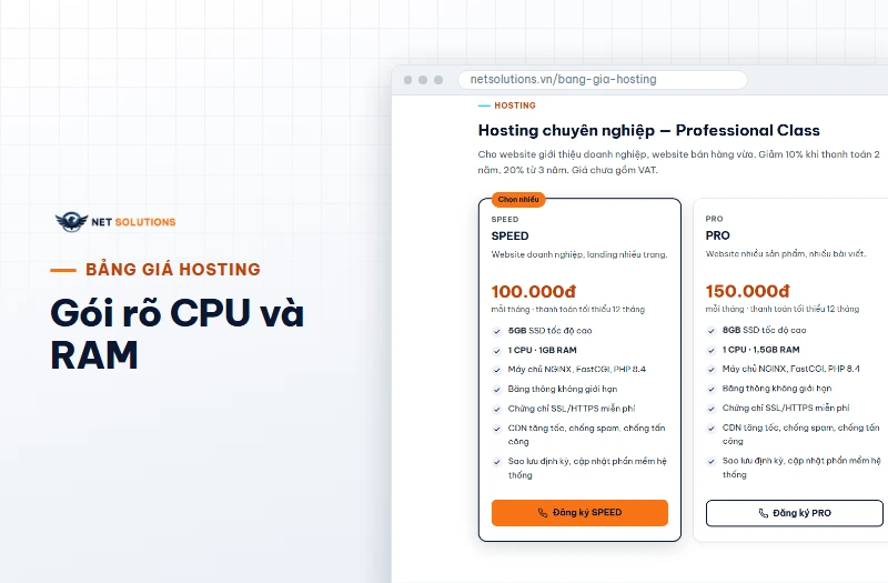 Ảnh chụp trang bảng giá hosting WebCloud với hai gói SPEED và PRO, hiển thị dung lượng SSD, CPU, RAM và giá mỗi tháng