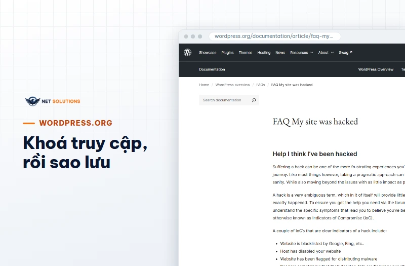 Ảnh chụp đầu trang FAQ My site was hacked của WordPress.org, mục Help I think I’ve been hacked kèm danh sách dấu hiệu