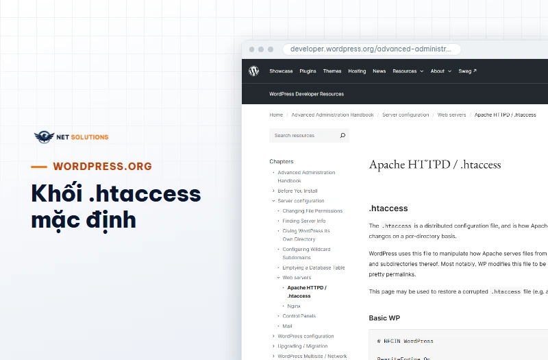 Ảnh chụp trang developer.wordpress.org hướng dẫn cấu hình Apache và tệp .htaccess cho WordPress