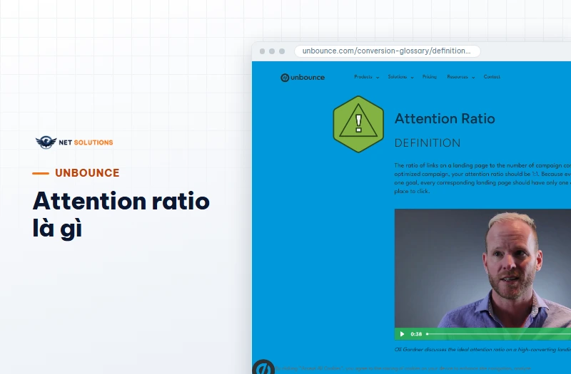 Ảnh chụp trang thuật ngữ attention ratio của Unbounce, có định nghĩa tỷ lệ giữa số liên kết và số mục tiêu chuyển đổi