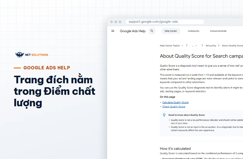 Trang trợ giúp Google Ads giải thích Điểm chất lượng và ba thành phần, trong đó có trải nghiệm trang đích