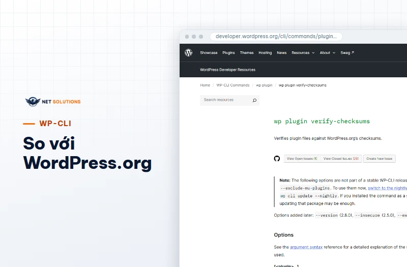Trang tài liệu WP-CLI về lệnh plugin verify-checksums trên developer.wordpress.org, mô tả lệnh so tệp plugin với checksum của WordPress.org