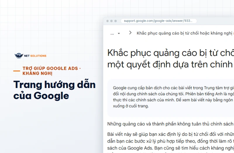 Ảnh chụp trang trợ giúp Google Ads hướng dẫn kháng nghị quảng cáo bị từ chối trên máy tính
