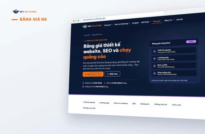 Trang bảng giá của Net Solutions trên màn hình máy tính