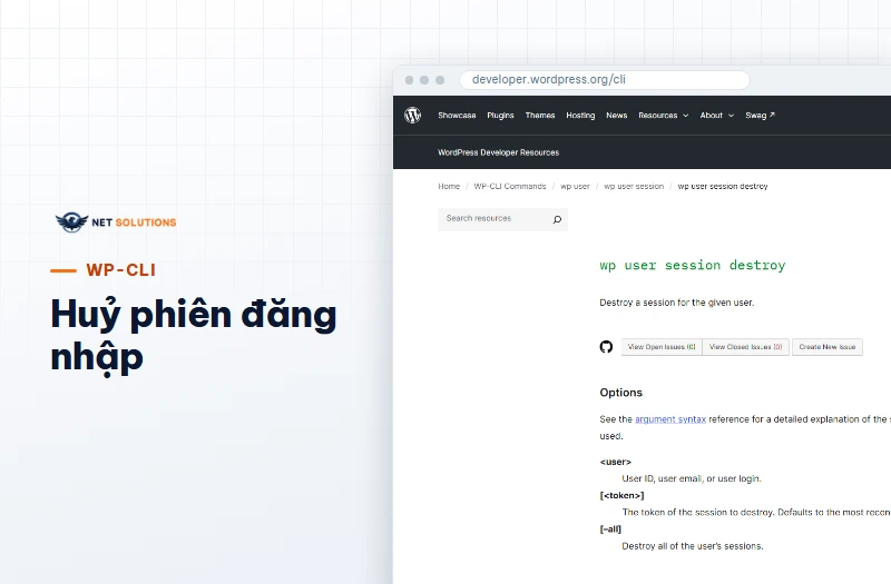 Trang tài liệu WP-CLI của lệnh wp user session destroy, mô tả cách huỷ phiên đăng nhập của một người dùng