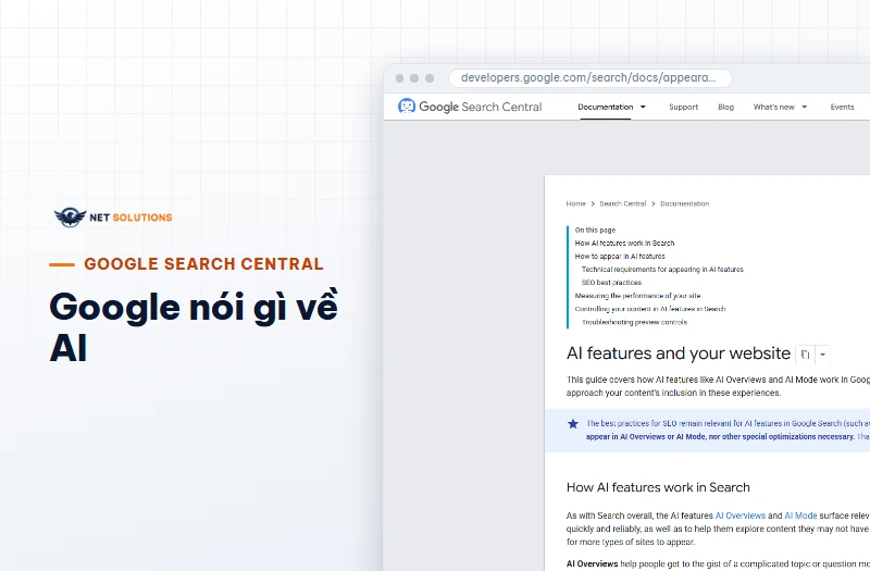 Ảnh chụp trang Google Search Central về tính năng AI và website của bạn, đoạn nói không cần tệp hay markup riêng