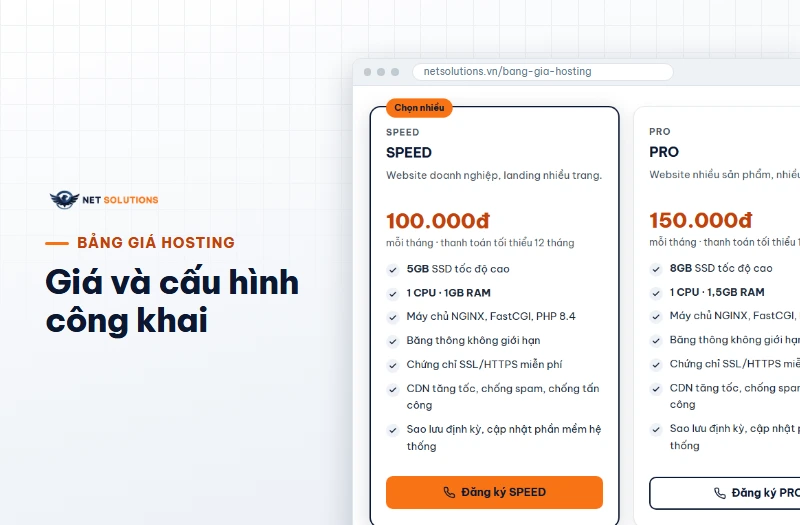 Thẻ gói hosting SPEED 100.000đ và một phần thẻ PRO 150.000đ, SSD, CPU, RAM ghi trên từng thẻ