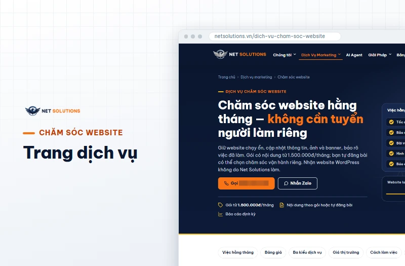 Ảnh chụp đầu trang dịch vụ chăm sóc website của Net Solutions, có dòng giá từ 1.500.000đ mỗi tháng