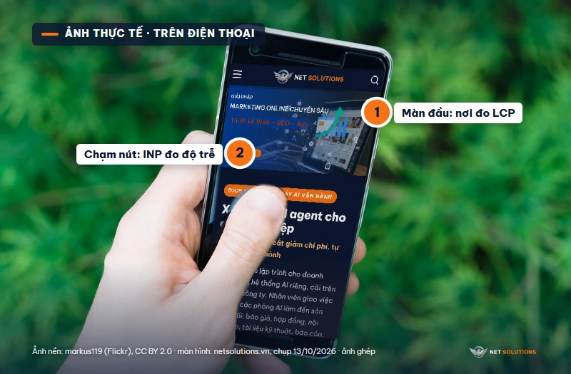 Ảnh ghép: tay cầm điện thoại mở trang chủ netsolutions.vn, đánh dấu vùng màn đầu và nút bấm