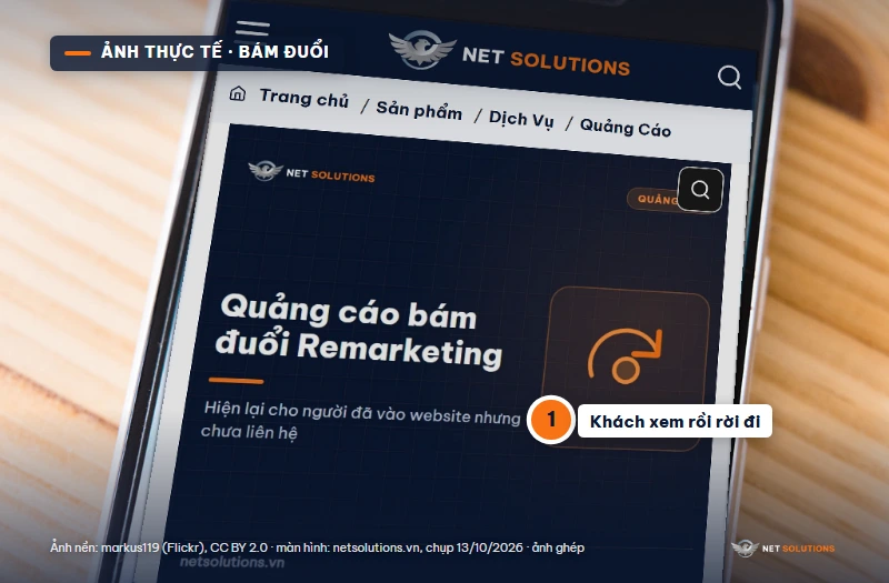Ảnh ghép: điện thoại mở trang dịch vụ quảng cáo bám đuổi của Net Solutions, đánh dấu chỗ khách xem rồi rời đi