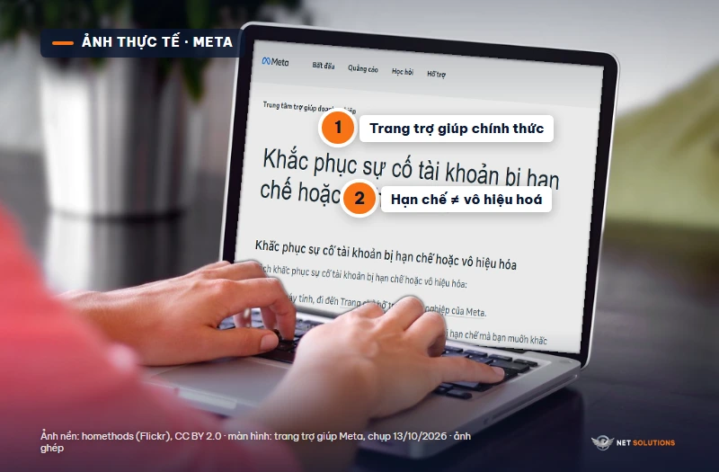 Ảnh ghép: laptop đang mở trang trợ giúp của Meta về khắc phục tài khoản bị hạn chế hoặc vô hiệu hoá