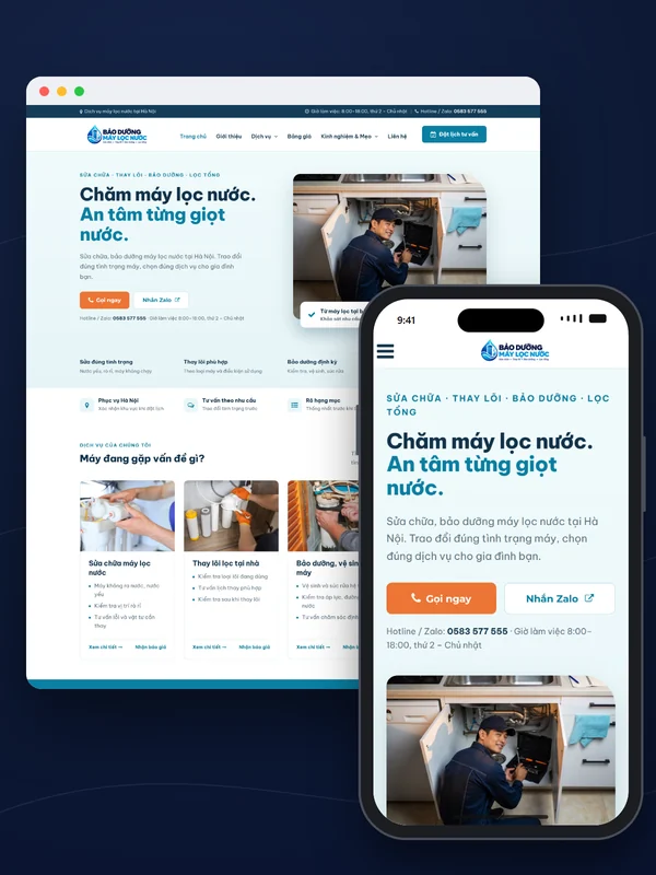 Giao diện website Bảo Dưỡng M&aacute;y Lọc Nước do Net Solutions thiết kế: trang chủ tr&ecirc;n m&aacute;y t&iacute;nh v&agrave; điện thoại