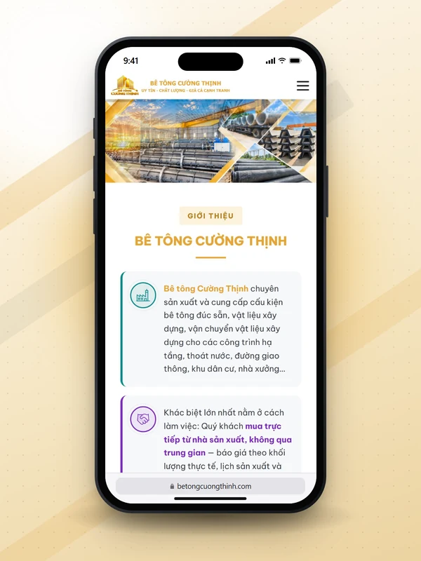 Giao diện website Bê tông Cường Thịnh do Net Solutions thiết kế: trang chủ trên điện thoại