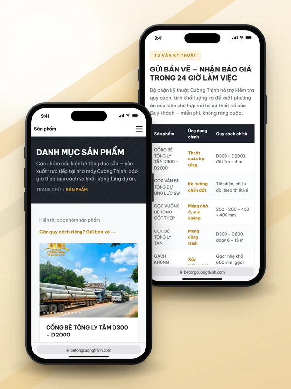 Giao diện website Bê tông Cường Thịnh do Net Solutions thiết kế: trang danh mục sản phẩm và bảng quy cách trên điện thoại