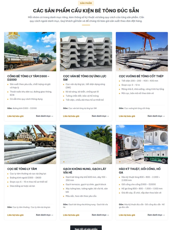 Giao diện website Bê tông Cường Thịnh do Net Solutions thiết kế: sáu nhóm sản phẩm trên trang chủ