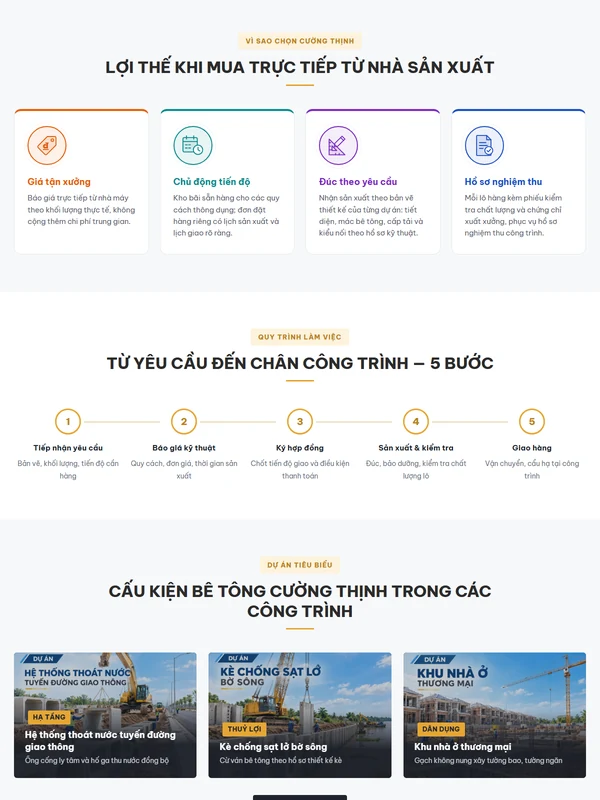 Giao diện website Bê tông Cường Thịnh do Net Solutions thiết kế: lợi thế, quy trình 5 bước và dự án tiêu biểu