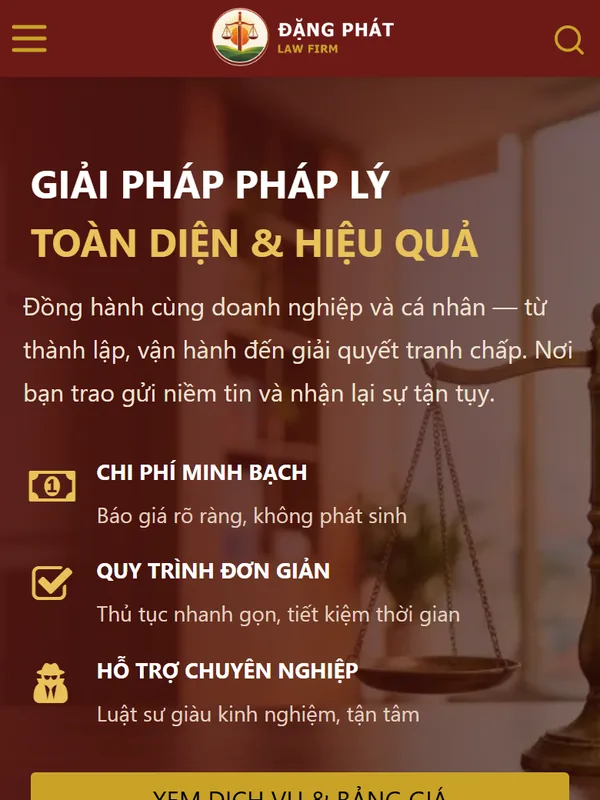 Giao diện website Công ty Luật Đặng Phát do Net Solutions thiết kế: trang chủ trên điện thoại