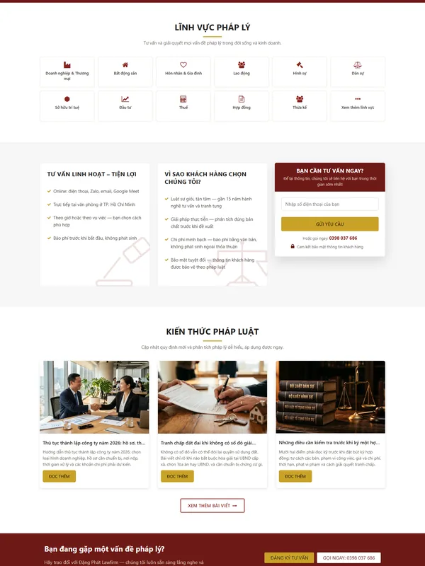 Giao diện website Công ty Luật Đặng Phát do Net Solutions thiết kế: phần giữa trang chủ trên máy tính