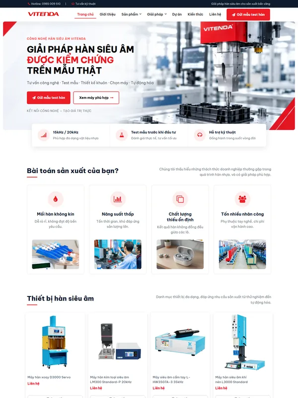 Giao diện website máy hàn siêu âm Vitenda Sonic do Net Solutions thiết kế: trang chủ trên máy tính