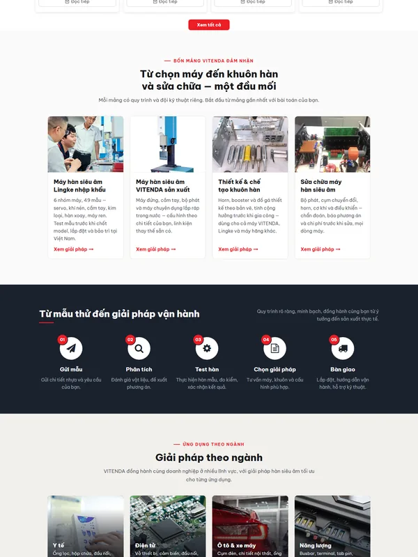 Giao diện website máy hàn siêu âm Vitenda Sonic do Net Solutions thiết kế: phần giữa trang chủ trên máy tính
